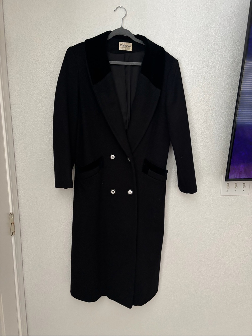 Vintage Cathy-Jo Black Wool Maxi Coat Velvet Collar Made in USA M/L - Picture 3 of 8